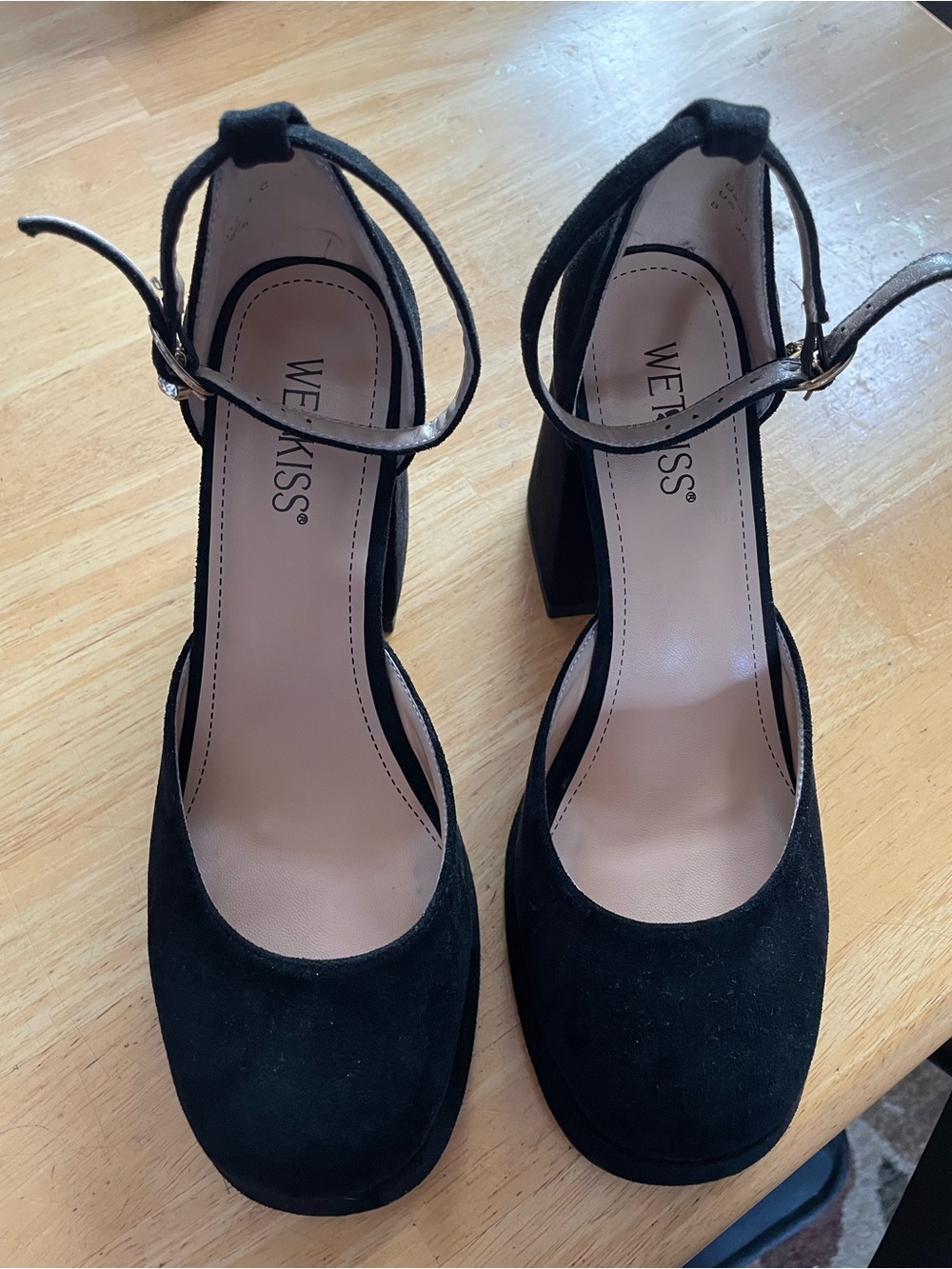 Wet Kiss Black F Suede Ankle-Strap Mary Jane’s
